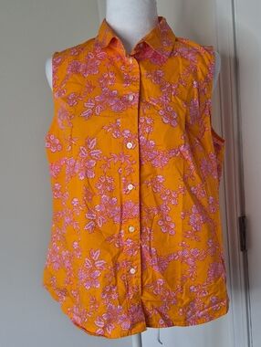 J. Crew Women's Sleeveless Button-Down Floral Shirt in Orange and Pink Size L